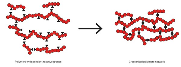 Illustration of polymer chemistry transforming formulations into post-polymer crosslinking solids